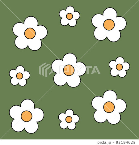 1970 trippy pattern daisy. White daisies on green background. 70s vibes floral background. Groovy hand drawn vector illustration. 1970 trippy pattern daisy. White daisies on green background. 70s vibes floral background. Groovy hand drawn vector illustration. 92194628