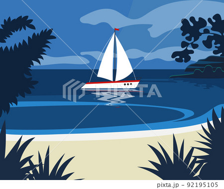 White yacht on the sea, beach and tropical trees, seascape. Vacation and travel illustration, vector White yacht on the sea, beach and tropical trees, seascape. Vacation and travel illustration, vector 92195105