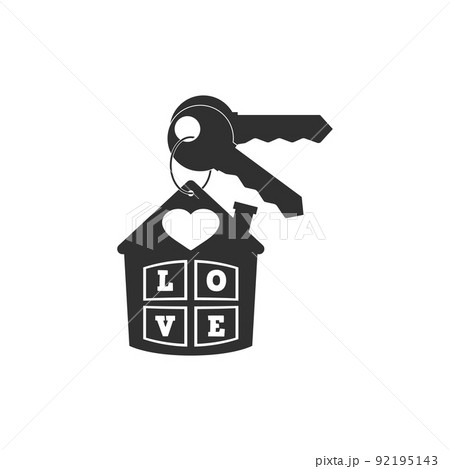 Keychain with key ring, pendant house locket with heart and inscription love, two keys. Vector icon. Clipart and drawing. Isolated illustration. Keychain with key ring, pendant house locket with heart and inscription love, two keys. Vector icon. Clipart and drawing. Isolated illustration. 92195143