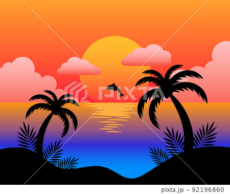 Summer seascape, palm trees, sea, dolphin against the backdrop of sunset. Colorful illustration, vector	 92196860