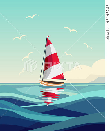 Seascape with a yacht, a yacht with a red and white sail and seagulls against the background of the sea with clouds. Clip art, print, wall art Seascape with a yacht, a yacht with a red and white sail and seagulls against the background of the sea with clouds. Clip art, print, wall art 92197282