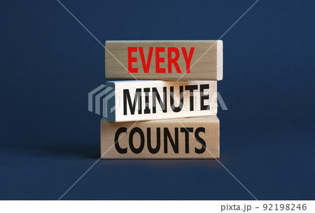 Every minute counts symbol. Concept words Every minute counts on wooden blocks on a beautiful grey table grey background. Business, motivational and every minute counts concept. Copy space. 92198246