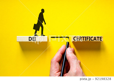 DEI diversity equity inclusion certificate symbol. Blocks with words DEI certificate on beautiful yellow background. Business DEI diversity equity inclusion certificate concept. Copy space. DEI diversity equity inclusion certificate symbol. Blocks with words DEI certificate on beautiful yellow background. Business DEI diversity equity inclusion certificate concept. Copy space. 92198328
