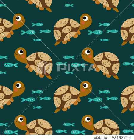 Seamless pattern, cute turtles and fishes on a turquoise background. Children's print, textile, background, wallpaper	 92198716