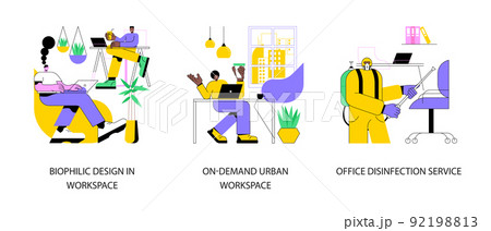 Working conditions abstract concept vector illustration set. Biophilic design in workspace, on-demand urban workplace, office disinfection service, employee safety, nature abstract metaphor. 92198813