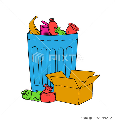 Pile of household garbage. Garbage container with unsorted trash. Plastic, glass, metal, paper, organic waste illustration. Garbage metal can 92199212