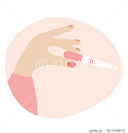 Womans hand holding positive pregnancy test. Beginning pregnancy concept. 92199854