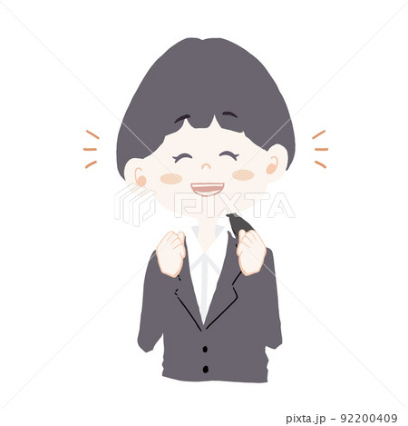 リクルートスーツを着た女の子(新入社員・会社員)が「頑張って」と笑顔で応援しているイラスト リクルートスーツを着た女の子(新入社員・会社員)が「頑張って」と笑顔で応援しているイラスト 92200409