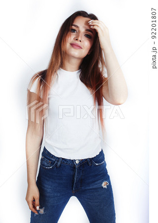 young pretty stylish blond girl posing emotional isolated on white background happy smiling cool smile, lifestyle people concept close up 92201807