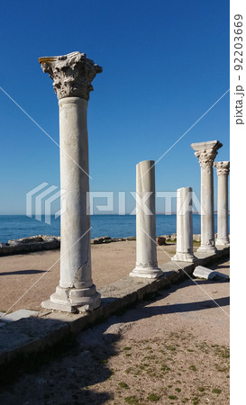 Tauric Chersonesos - Ancient Doric columns on the seashore in Chersonese, Crimea Tauric Chersonesos - Ancient Doric columns on the seashore in Chersonese, Crimea 92203669
