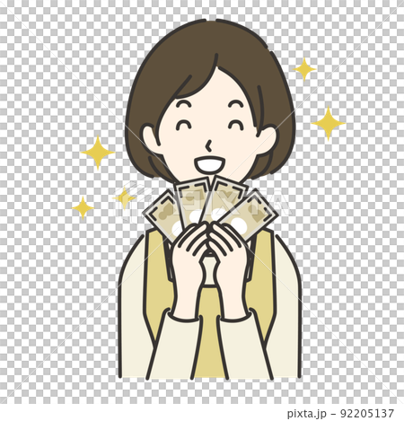 Illustration of a smiling housewife with a lot of money Illustration of a smiling housewife with a lot of money 92205137