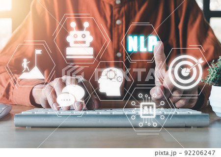 NLP natural language processing cognitive computing technology concept, Business person hand typing keyboard with VR screen NLP icon, AI Artificial intelligence. 92206247