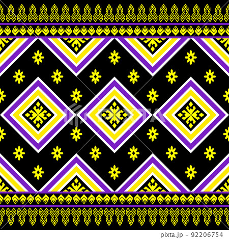 Purple Yellow Symmetry Geometric Ethnic Seamless Pattern on Black Background 92206754