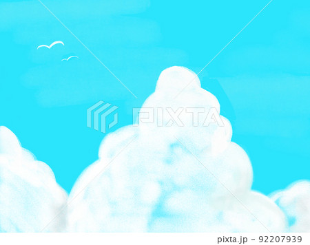 夏の大きな入道雲の色鉛筆風の風景イラスト 92207939