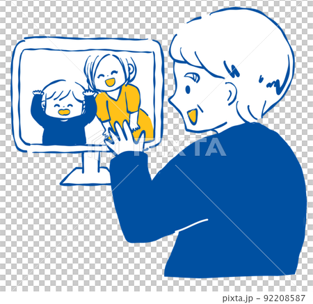享受遠程通話的祖母和孫子孫女簡單 92208587
