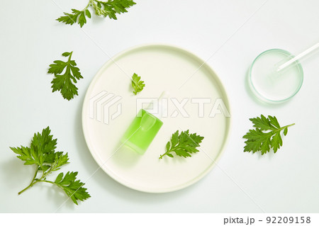 mugwort decorated with petri dish and glassware , top view , nature plant for benefit of health , white background for health advertising 92209158