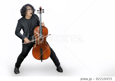 cellist asian man play classic wood cello on white isolated background 92210455