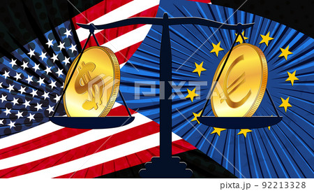 Gold coins of american dollar USD and Euro EUR on scales with colored national flags of America and Europe. Exchange rates are almost equal and who is now leader is not clear. 92213328