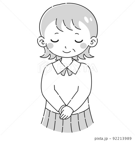 お辞儀をするシニア女性のイラスト（白黒） 92213989