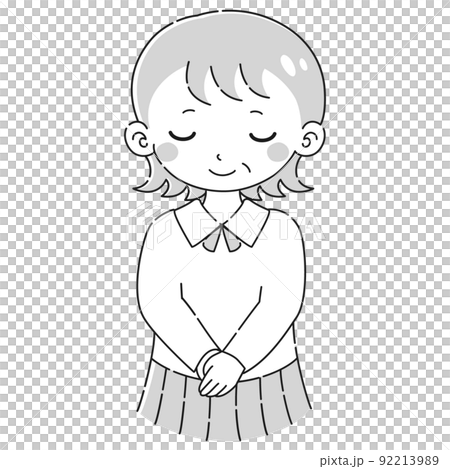 お辞儀をするシニア女性のイラスト（白黒） 92213989