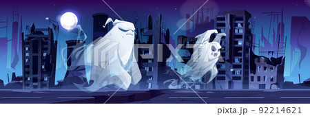 Spooky ghosts in destroyed abandoned city at night Spooky ghosts in destroyed abandoned city at night 92214621