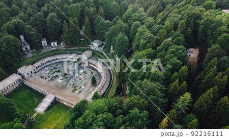 Aerial view of The Monumental Cemetery of Oropa in Northern Italy. 92216111