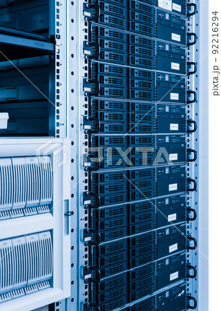 Row of hard disks used for data storage in internet data center 92216294