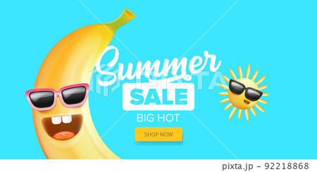 Summer sale funny horizontal banner with cartoon sun and funky banana character isolated on summer blue background. Vector 3d horizontal summer hot sale poster, flyer, banner, tag and background Summer sale funny horizontal banner with cartoon sun and funky banana character isolated on summer blue background. Vector 3d horizontal summer hot sale poster, flyer, banner, tag and background 92218868