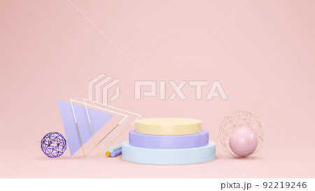 3d render of multicolored geometric shapes with podium  92219246