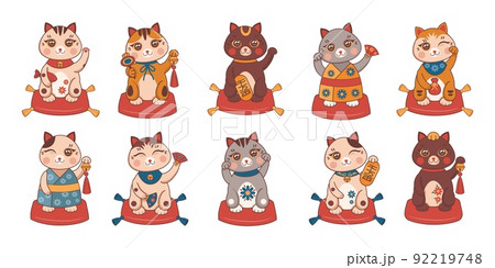 Japanese fortune cat. Maneki neko with money coin and lucky talismans. Rich kitty in funny collar with bell. Animal toys set. Traditional culture character. Vector cartoon oriental folklore kittens 92219748