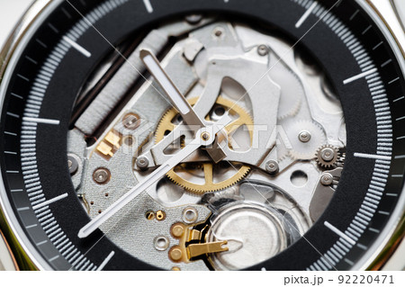 Swiss made quartz skeleton wrist watch close up 92220471
