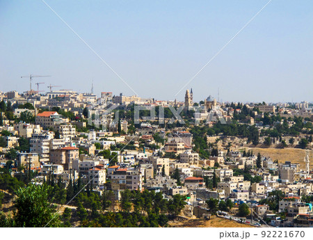 Jerusalem / Israel - June 28 2014: Panoramic view of Jerusalem and the Dormition Abbey on Mount Zion from the Mount of Olives 92221670