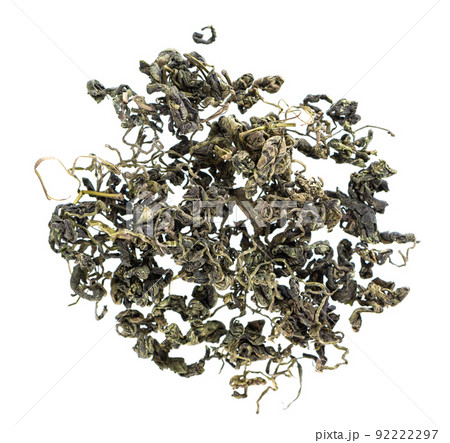 Dry gynostemma pentaphyllum leaf isolated on white blackground. Jiaogulan or Miracle grass. Chinese herbal tea. Top view. Dry gynostemma pentaphyllum leaf isolated on white blackground. Jiaogulan or Miracle grass. Chinese herbal tea. Top view. 92222297