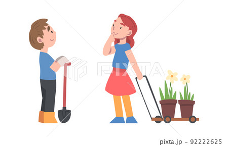 Cute kids planting flowers. Girl pulling wheelbarrow with flower pots, boy standing with shovel cartoon vector illustration 92222625