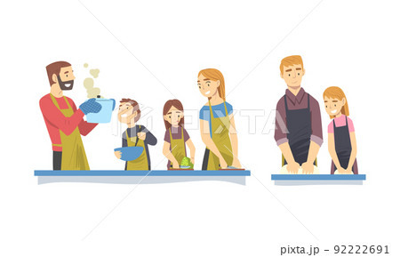 Parents and children in aprons cooking dumplings in kitchen set cartoon vector illustration 92222691