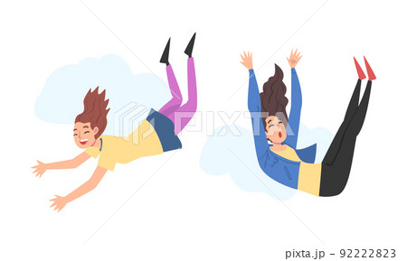 Happy people flying in sky enjoying freedom set. Dreaming girls floating in air cartoon vector illustratio 92222823