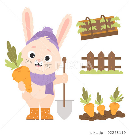 Character rabbit farmer with carrots. Farming set with cute bunny in rubber boots, hat and scarf with shovel. Greenhouse with seedlings, wooden fence and bed of earth with carrot. Vector illustration Character rabbit farmer with carrots. Farming set with cute bunny in rubber boots, hat and scarf with shovel. Greenhouse with seedlings, wooden fence and bed of earth with carrot. Vector illustration 92223119