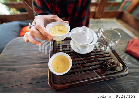 Top view tea set a wooden table for tea ceremony background. 92227158