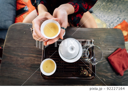 Top view tea set a wooden table for tea ceremony background. Top view tea set a wooden table for tea ceremony background. 92227164