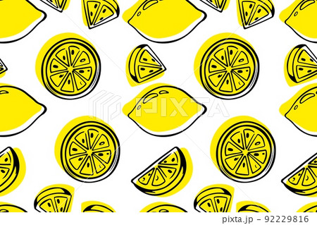 Seamless pattern lemons background. Ripe whole fruits, piece of fruits. Vector food illustration. 92229816