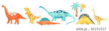 Beautiful composition with cute watercolor hand drawn baby dinosaurs. Stock clip art illustration. 92231527