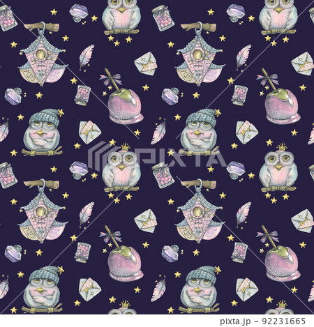 Magic owls with a house, sweets and letters. A fabulous, cute children's pattern. Seamless. Watercolor illustration. For fabric, textiles, wallpaper, wrapping paper, cover, poster, clothing, bedroom. Magic owls with a house, sweets and letters. A fabulous, cute children's pattern. Seamless. Watercolor illustration. For fabric, textiles, wallpaper, wrapping paper, cover, poster, clothing, bedroom. 92231665