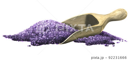 Wooden scoop with slides of lavender bath salt. Watercolor Illustration. The composition of a large set of LAVENDER SPA. For the design and decoration of cosmetics, labels, salon menus, descriptions. 92231666