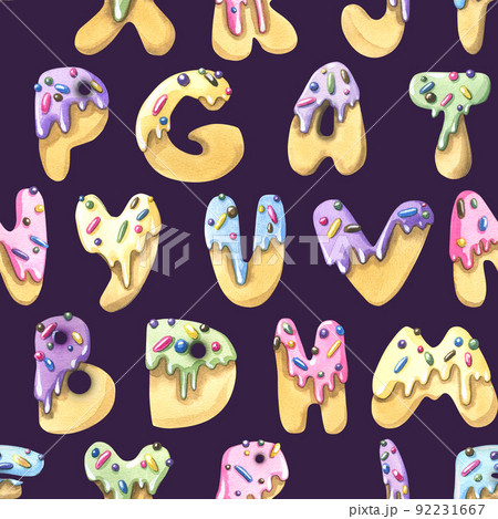 Sweet letters of cookies in icing with confectionery sprinkles on a dark background. Watercolor illustration. Seamless pattern from a large set of ICE CREAM. For fabric, textiles, packaging paper 92231667