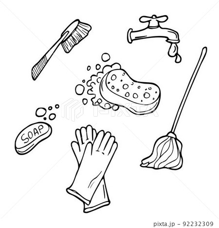 Doodle set of items for cleaning - mop, brushes, detergents, bucket, scoop, rubber gloves, soap, sponges, paper towels. Work equipment for keeping the house clean. Vector hand-drawn illustration. 92232309