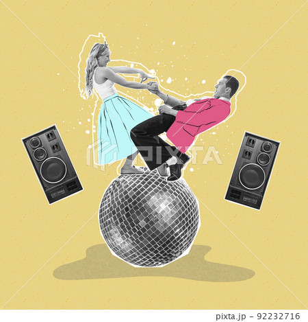 Contemporary art collage. Creative design. Stylish couple dancing at disco ball isolated on yellow background Contemporary art collage. Creative design. Stylish couple dancing at disco ball isolated on yellow background 92232716