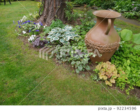 木の周りに植物や花を植えた庭 92234596