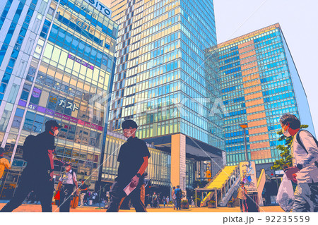 休日の秋葉原でショッピングを楽しむ人々や風景のイラスト 92235559
