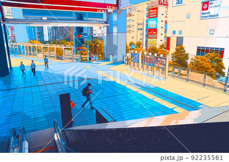 休日の秋葉原でショッピングを楽しむ人々や風景のイラスト 92235561