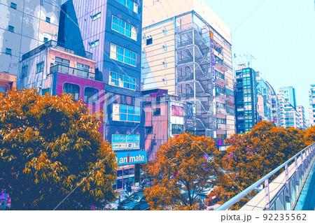 休日の秋葉原でショッピングを楽しむ人々や風景のイラスト 92235562